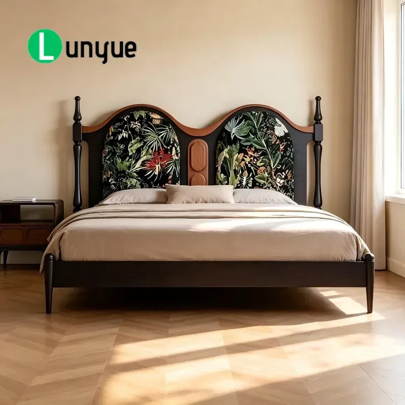 Padded Ash Wood Bed Frame with Fabric Floral Headboard Mid Century Modern Soft Upholstered Platform Bed for Single Double
