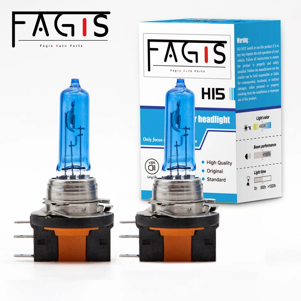 Fagis 1 Pcs H15 12v 15/55w Blue Super White Quartz Glass 4800K Super White Car Headlight Lamps Auto Halogen Bulbs Car Lights