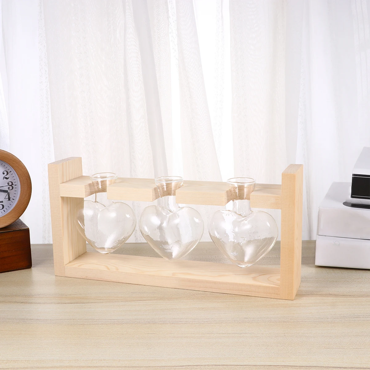 

3Pcs Raw Wood Frame Heart Glass Hydroponics Container Glass Vase Planter Flower Decoration for Home Wedding Birthday Gift