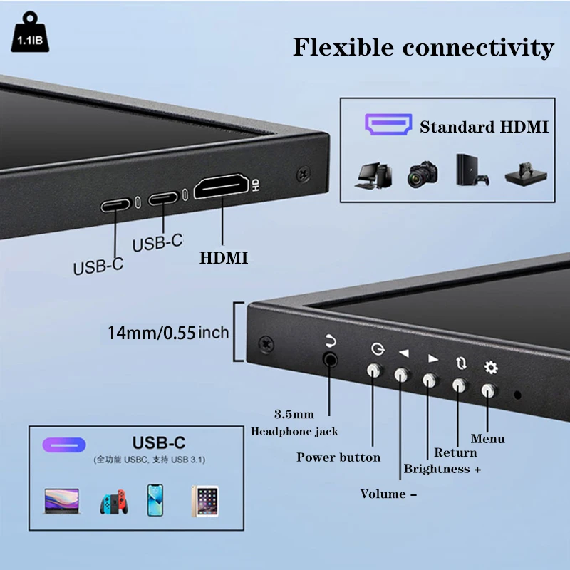 شاشة محمولة 12.3 بوصة مع شاشة LCD 1920×720، شاشة ملونة TFT. لاب توب راسبيري بي، PS4، وحدة تحكم ألعاب Xbox 360