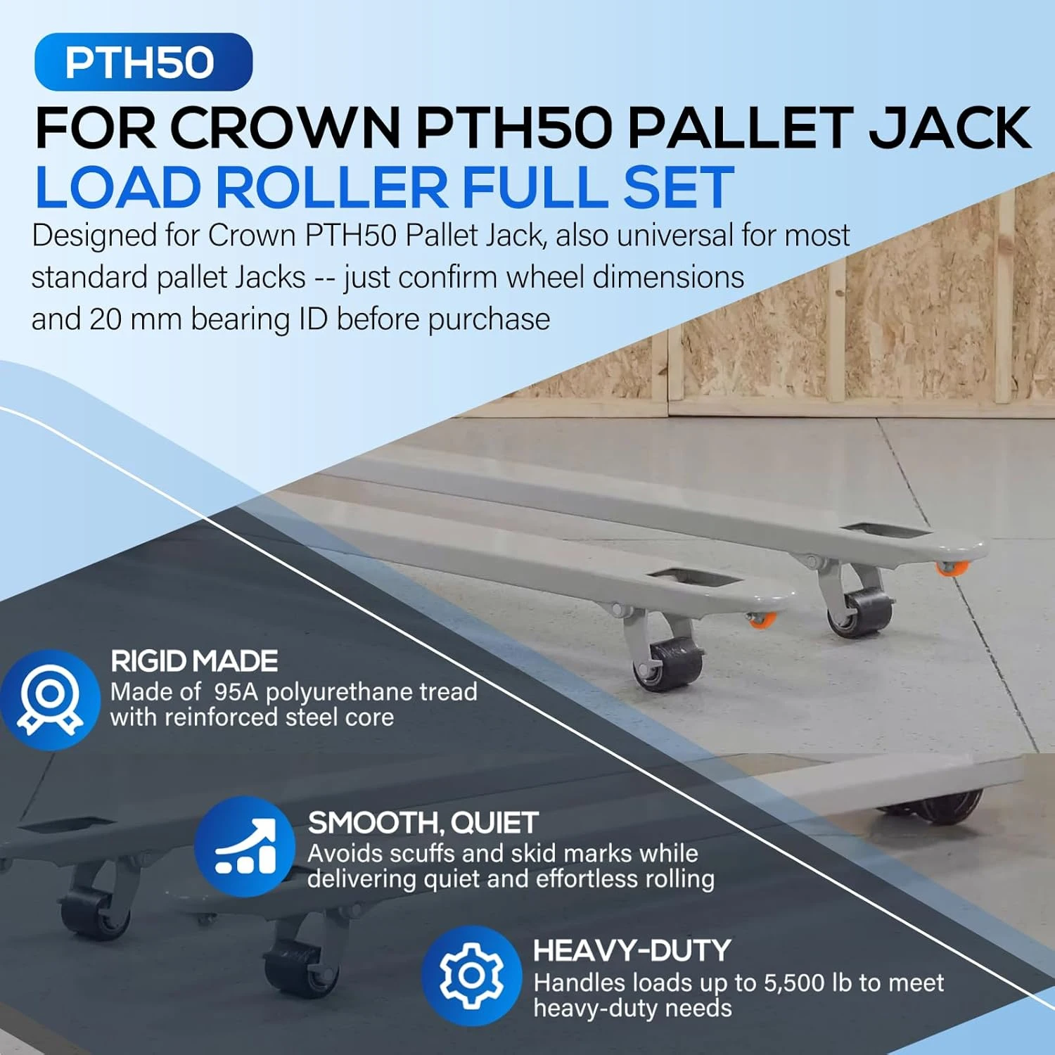 PTH50 Pallet Jack Front Load Wheels Kit for Crown PTH50 Pallet Jack, Come with Axles, Poly Tread Black with Bearings 20mm