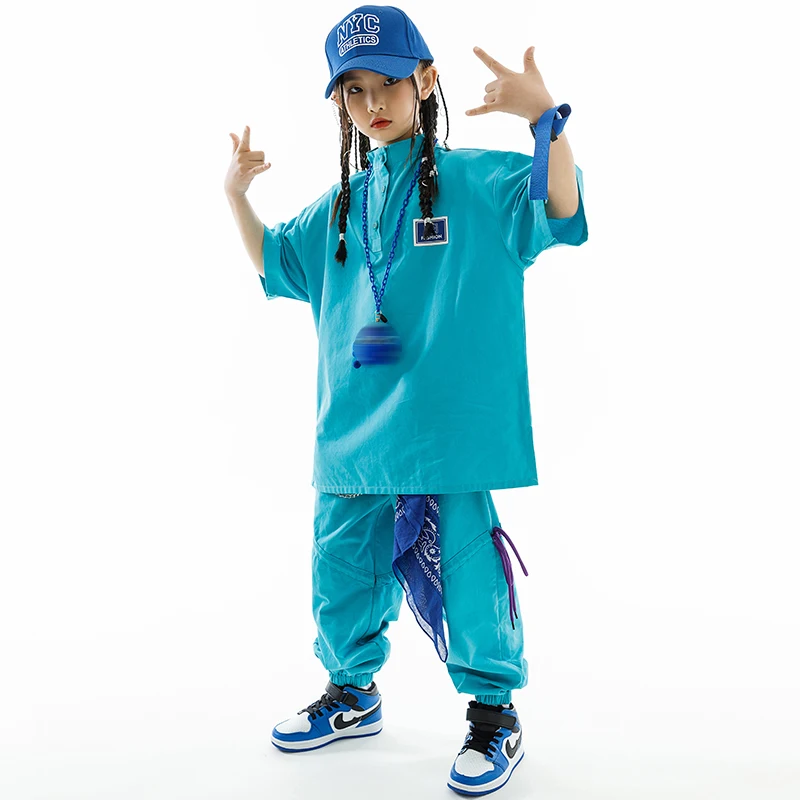 2023 bambini vestiti Hip Hop ragazze maglietta allentata pantaloni vestito blu ragazzi Street Dance Costume Kpop concerto Performance Wear BL10590