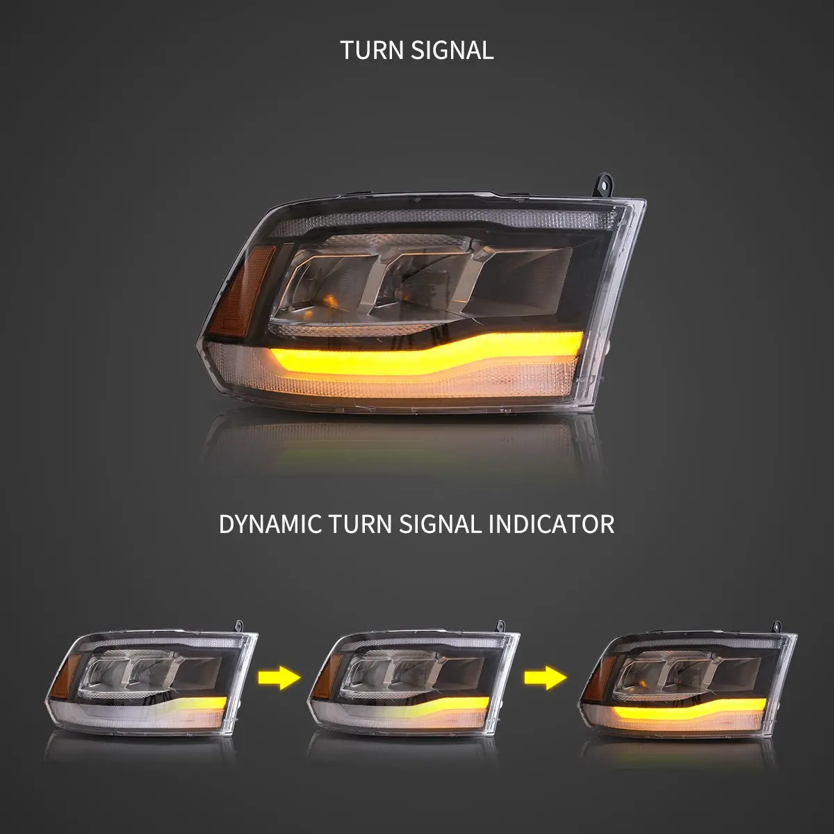 2 Stück E-Mark Reflektorschale LED-Scheinwerfer für Dodge Ram 1500 2500 3500 4. Generation 2009-2018 Frontscheinwerfer mit dynamischem sequenziellem gelbem Blinker und Tagfahrlicht, Direkter