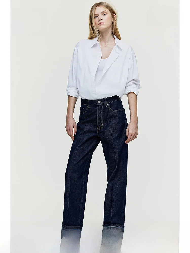 

Slim Fit 5 ket mid Waist Jeans Straight Leg Long Trousers Simple Design Women's Denim Pants H&M l Waist Cotton 00%