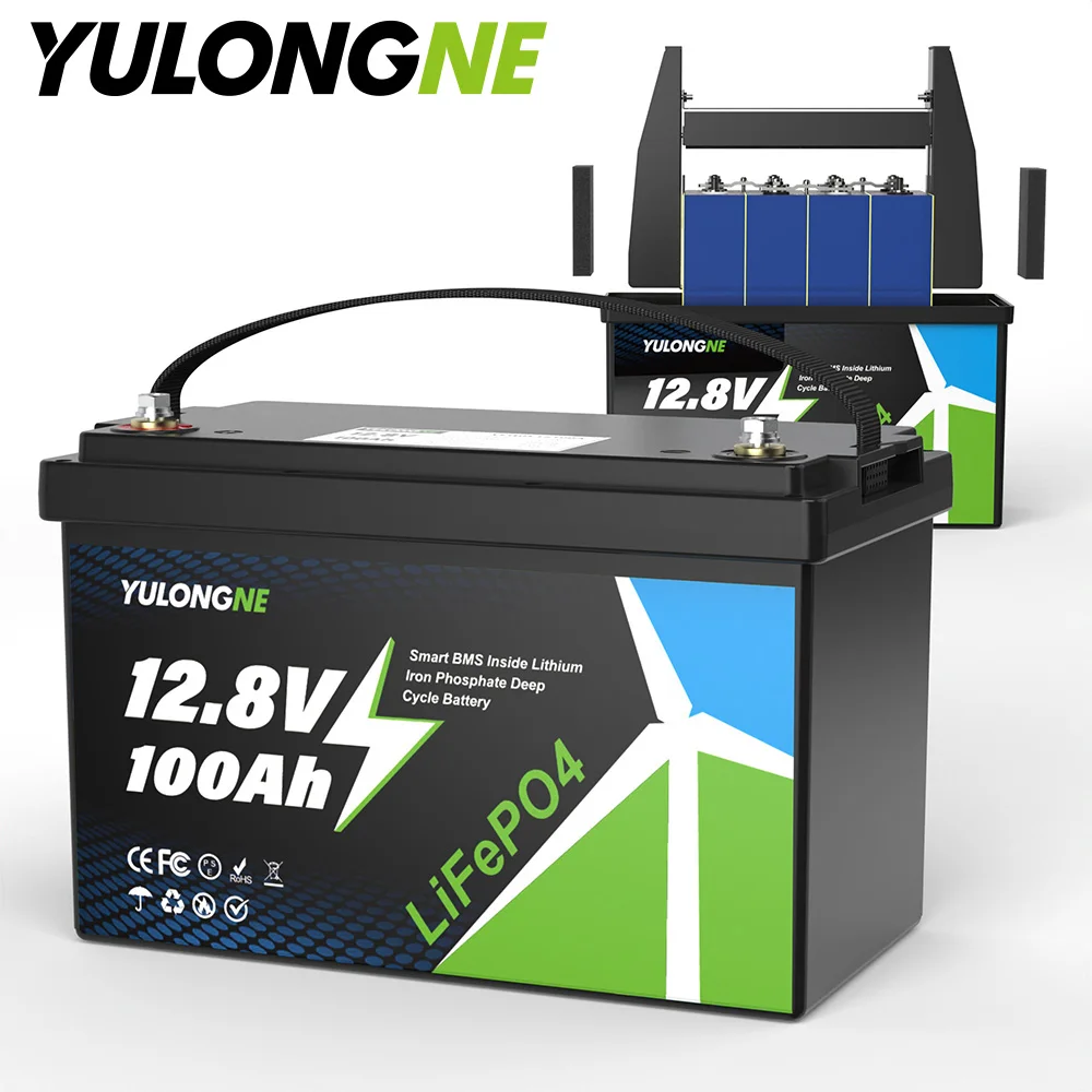 Batterie LiFePO4 YULONGNE 12,8V 100Ah avec BMS intelligent intégré, batterie lithium à cycle profond pour stockage d'énergie solaire, camping-car, bateau, hors réseau, stock UE