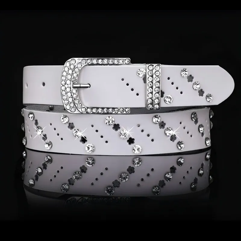 YK2 Leather Button Closure Women's Waist Belt with Fashion Leopard Print and Rhinestone Trim. Width: 3.3cm. Length: 110cm.