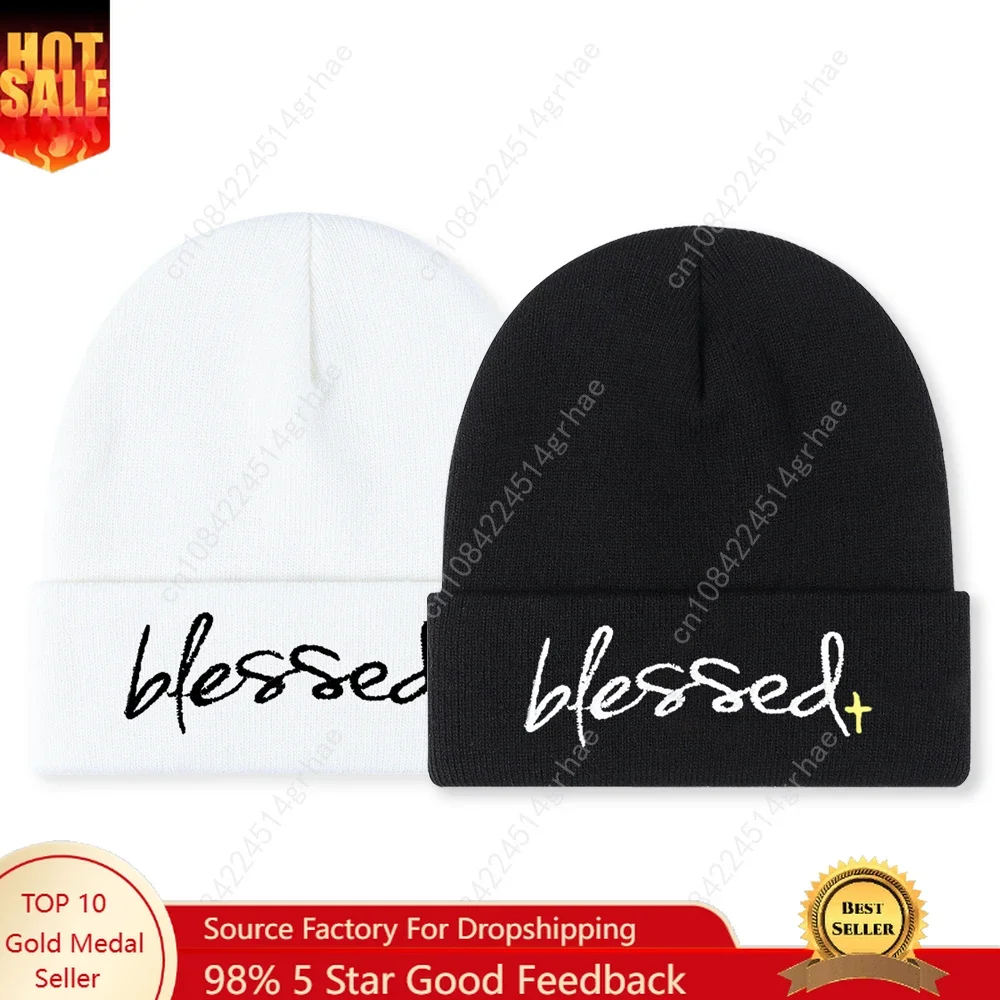 

1pc'Blessed' Embroidered Beanie Soft Stretchy Lightweight Winter Hat for Men & Women, Outdoor Hip Hop Fashion
