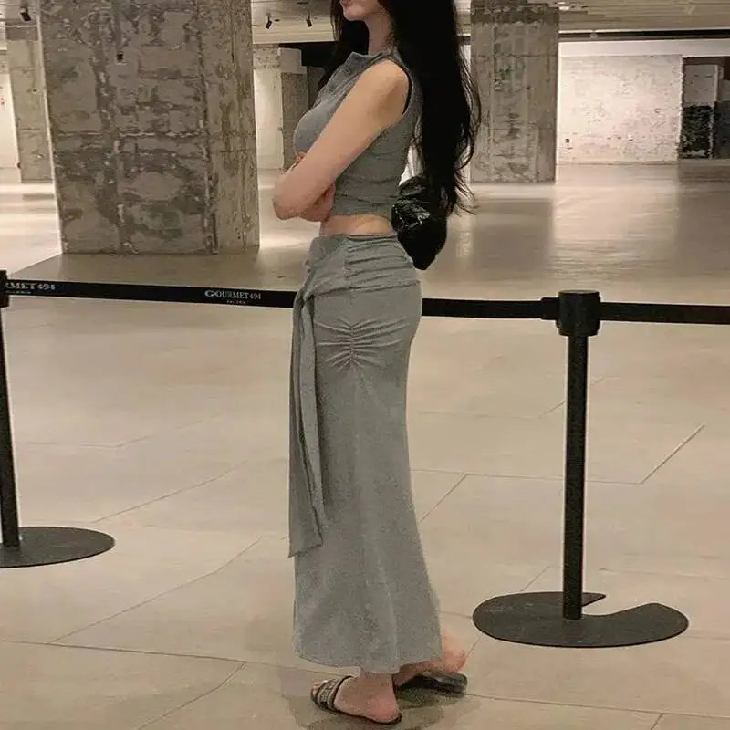 Korea Pure Desire Sexy Body-Flattering Feminine Waist-Exposing Sleeveless Top + Tie-Up Half Skirt Two-Piece Skirts GK5M