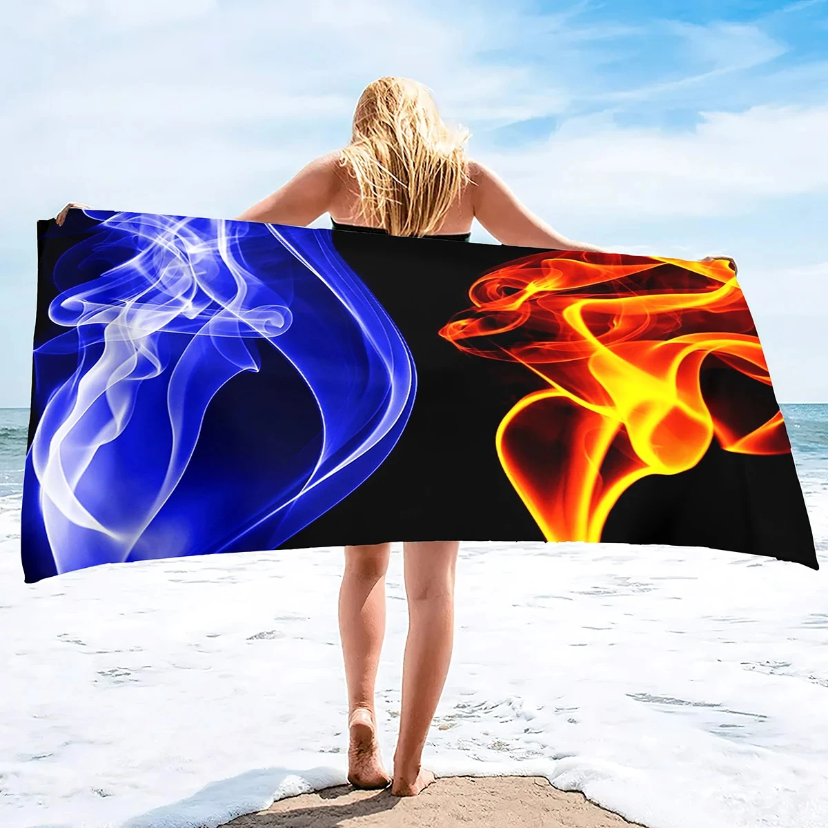 3D Abstract Ice and Fire Theme Beach Towels Lightweight Absorbent Quick Dry Swimming Camping Holiday Beach Bath Towel Gym Towel