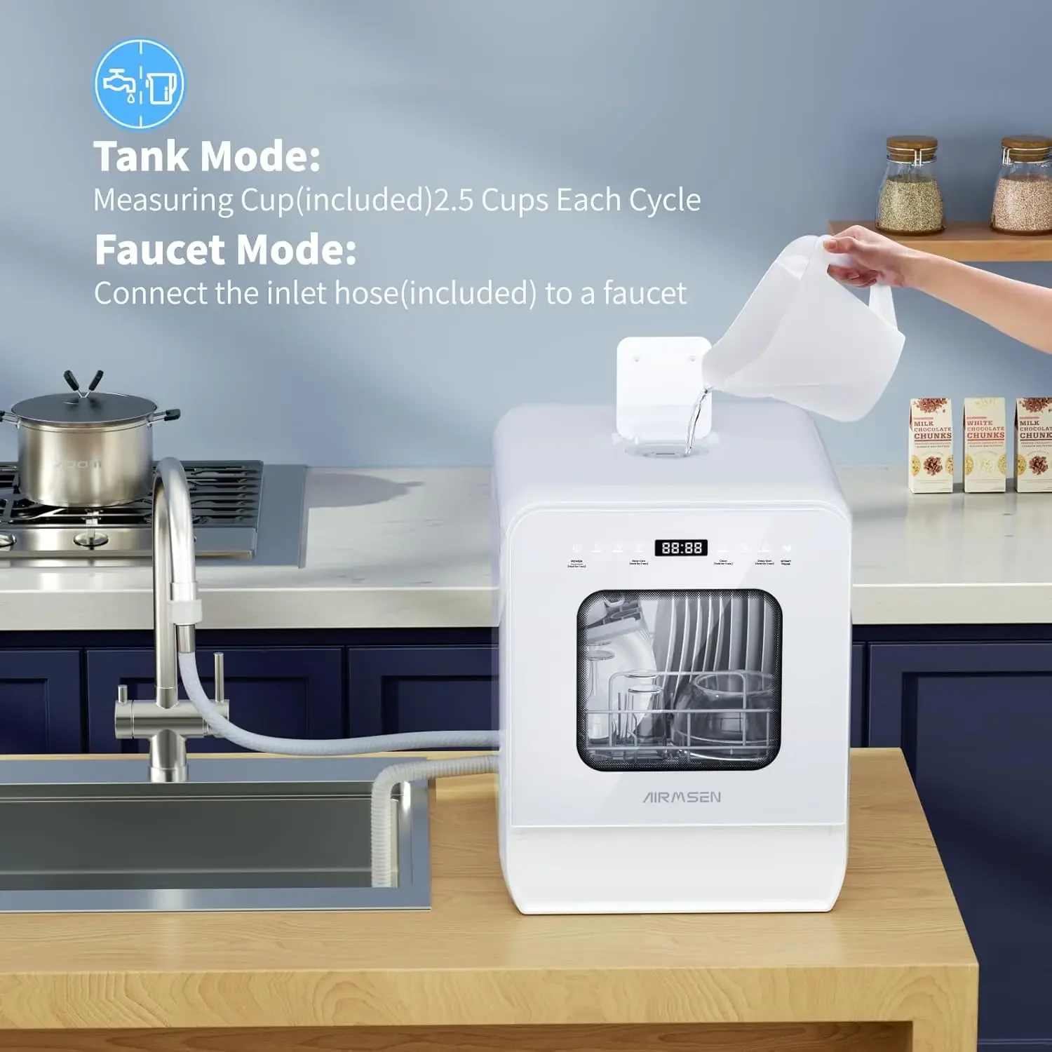 غسالة أطباق محمولة على سطح الطاولة مع خزان مياه سعة 5 لتر، غسالة أطباق صغيرة بتصميم ضيق للغاية مقاس 14.6 بوصة، 9 برامج، تشغيل تأخير 24 ساعة و