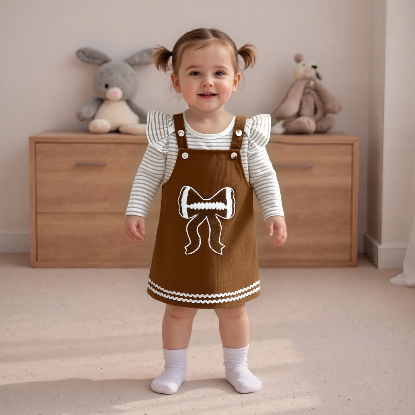 

Baby Girl Spring Fall Outfit Striped Long Sleeve Romper with Football Bow Embroidery Suspender Dress 2 Pcs Set