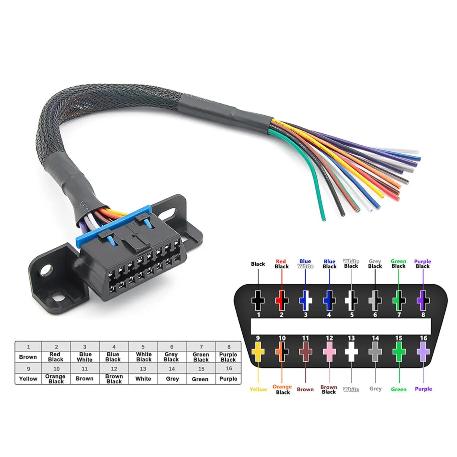 OBD2 16pin Female to Open Cable 30cm PP Material Fixed Head for Car Dash Port Repair and Maintenance