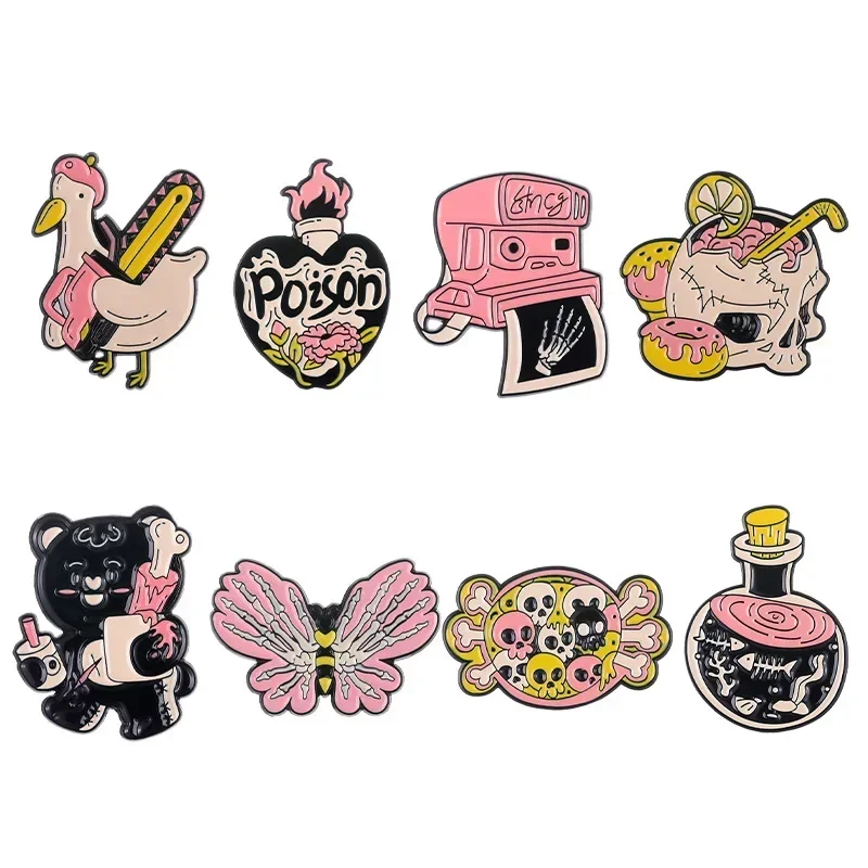 Cartoon Creative Cute Girl Black Pink Animal Brooch Butterfly Little Bear Duck Skull Funny Metal Badge Brooches for Clothing