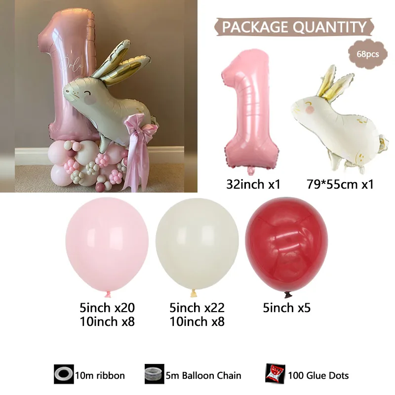 68PCS Animal Rabbit Foil Balloon Column 32inch Pink Number Balloons Easter Birthday Party Decorations for Children Toys Gifts