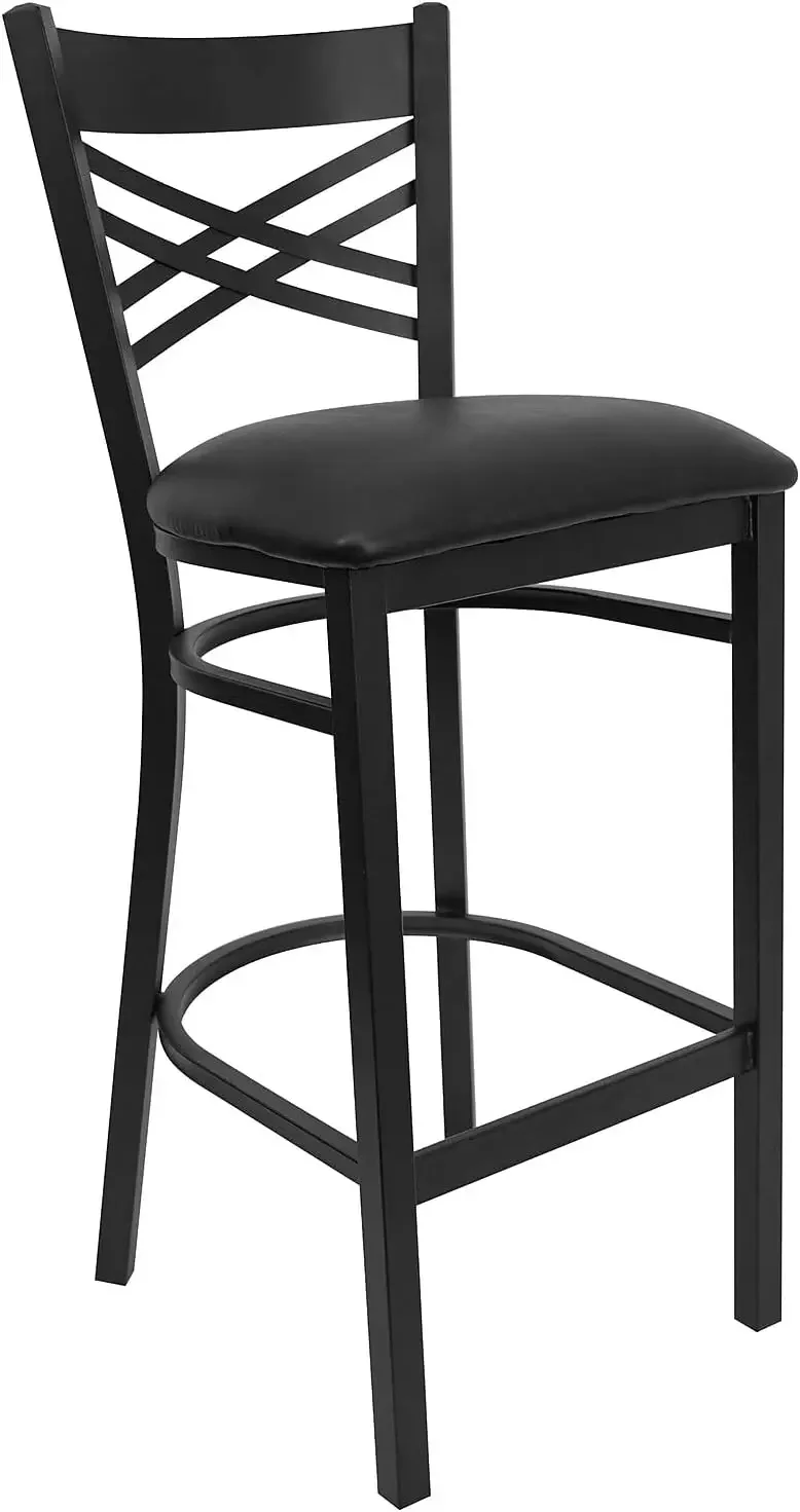 HERCULES Series Black ''X'' Back Metal Restaurant Barstool - Black Vinyl Seat