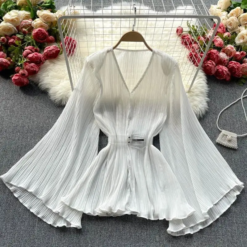 European and American Loose All-match Top Splice Pressed Pleated Trumpet Sleeve Chiffon Shirt And Blouse Gauze Woman Clothes