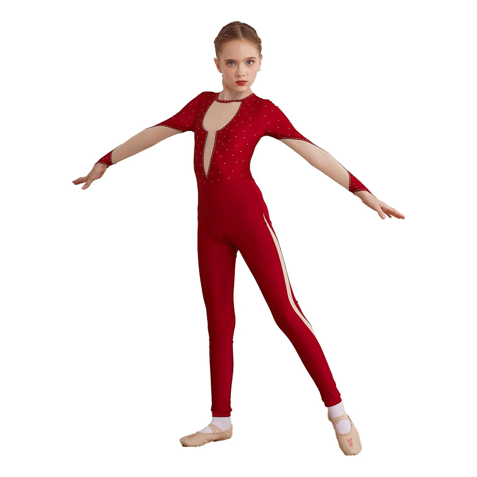 

Kids Girls Long Sleeve Shiny Ballet Tights Unitard Shiny Rhinestone Gymnastic Leotards Figure Skating Jumpsuit Unitard Bodysuit