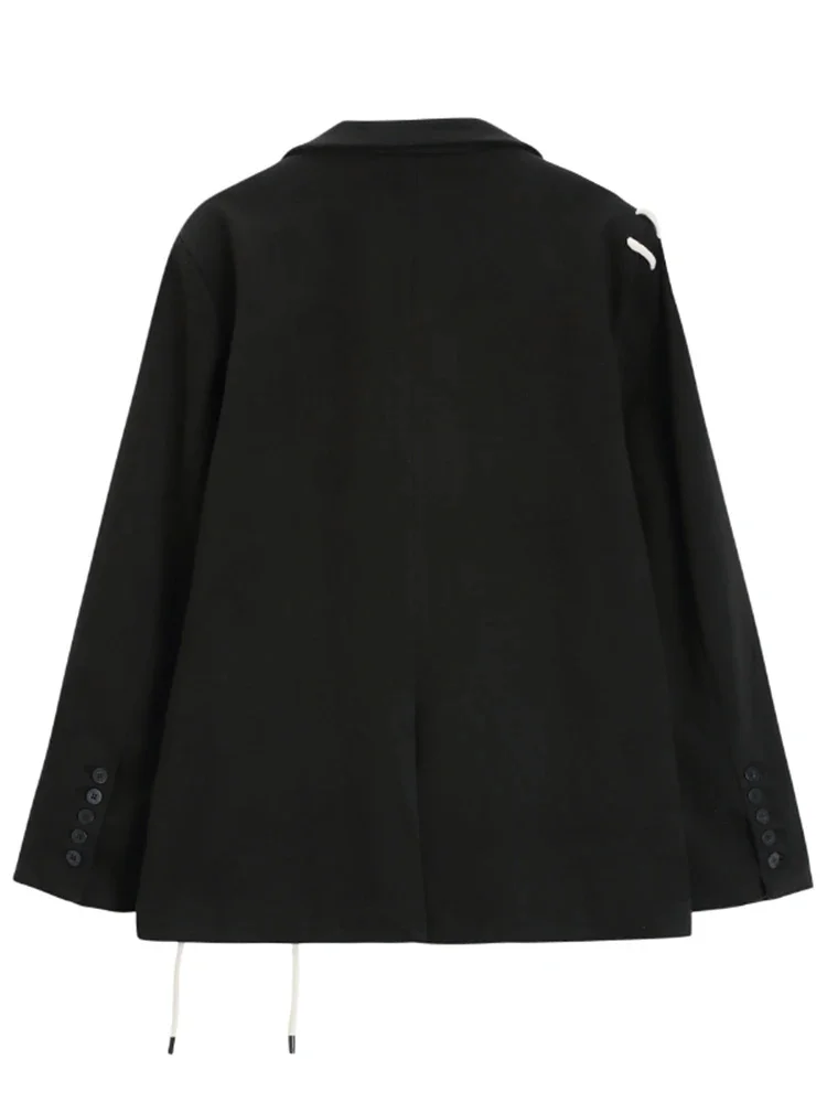 Niche Design Drawstring Strap Blazers Notched Collar Long Sleeves Loose Oversize Black Jacket Coat Office Lady 2DB1571