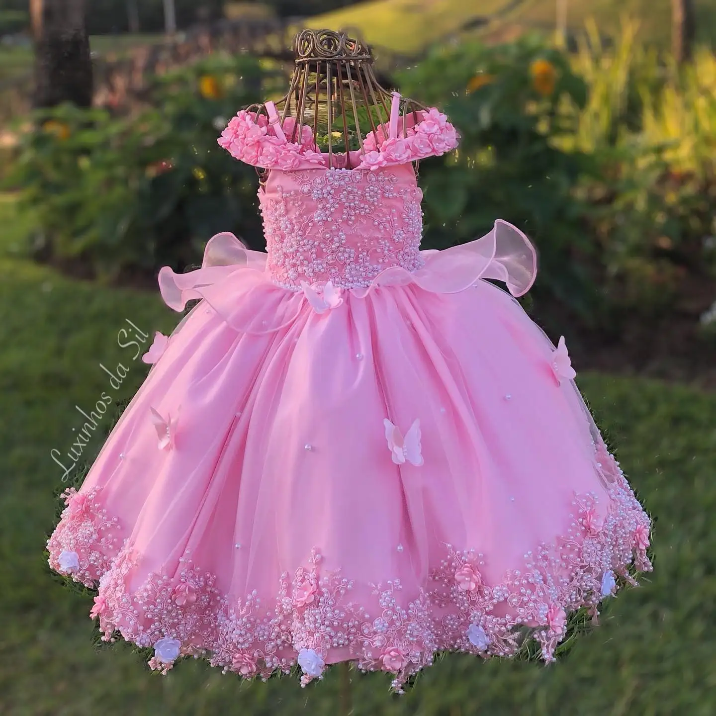 

Pink Beaded Flower Girls Dresses For Weddings Butterfly Floral Birthday Children Tulle Dress Girl Pageant Gowns