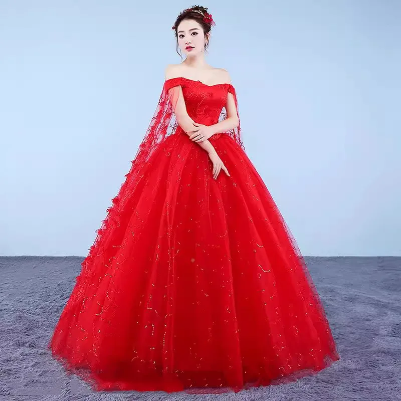 

2026 New Women's Red Colored Yarn One Shoulder Puff Skirt Fashionable Strap for Slimming and Simple Engagement Retro Long Dress