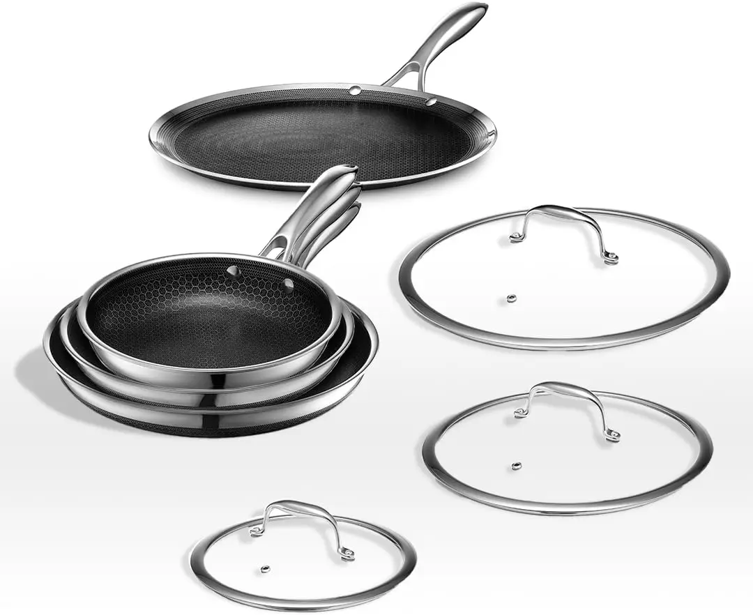 7 Piece Hybrid Stainless Steel Cookware Set 6 Piece Frying Pan Set and 12 Inch Griddle Skillet Metal Utensil and Dishwasher Safe