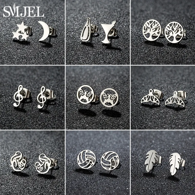 Women Earings Ethnic Tree of Life Stud Earrings for Girls Tiny Music Feather Ear Cartilage Piercing Jewelry Volleyball Accessory