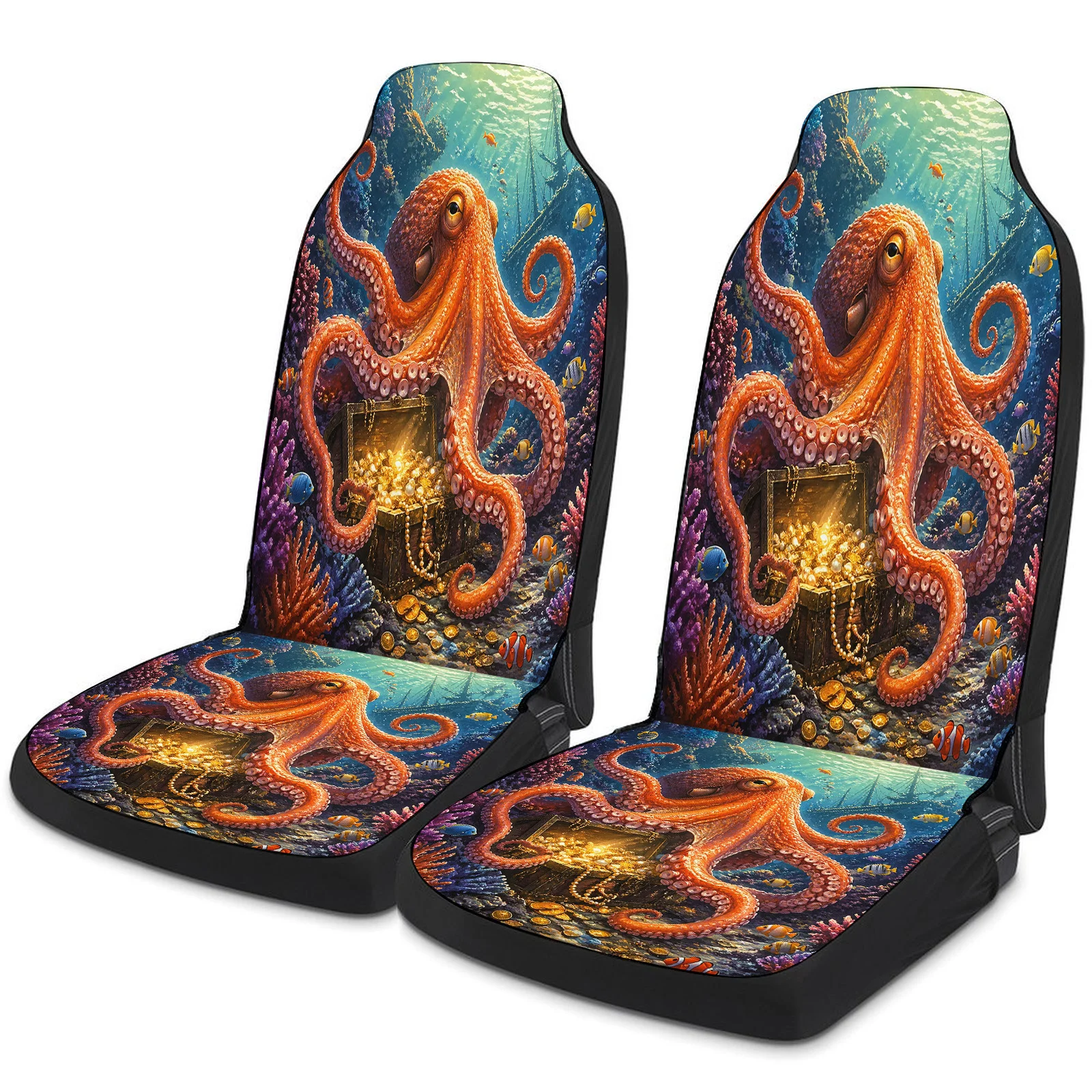 Octopus Treasure Chest Pattern Car Seat Cover Set For Most Cars Trucks, Fashionable Breathable Car Seat Protector Covers Full Se