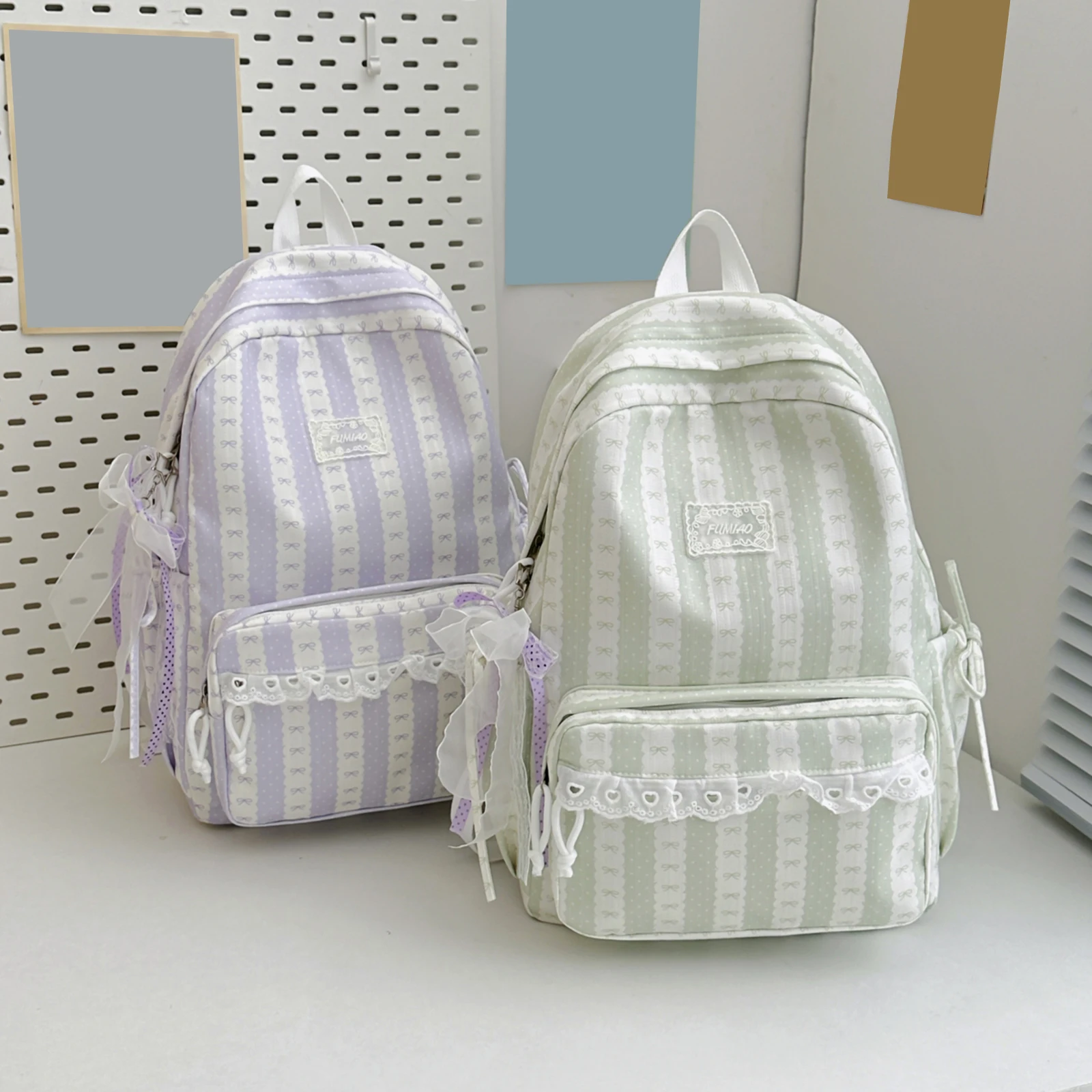 Women Nylon Sweet Bow Printed Knapsack With Computer Compartment Cute Lace Trim Book Bags Travel Shopping Date Backpacks