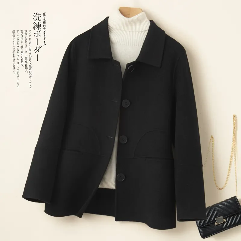 2025 nowych kobiet 100% dwustronna wełniana kurtka wiosna jesień wysokiej klasy z długim rękawem krótki płaszcz wełniany damska luźna odzież wierzchnia B708