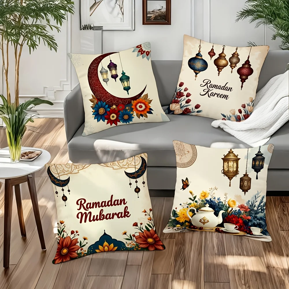1PC 2D Flat Ramadan Kareem Mubarak Decorative Throw Pillow Covers Islamic Eid Home Cushion Cases Non-real Embroidery