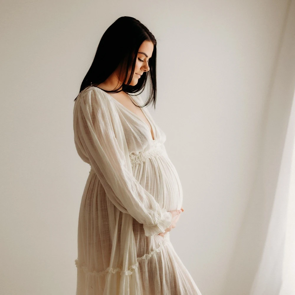 Linen Cotton Elegant V-neck Boho Pregnant Dress Maternity Dresses For Baby Showers Photoshoot Photography Dress For Women