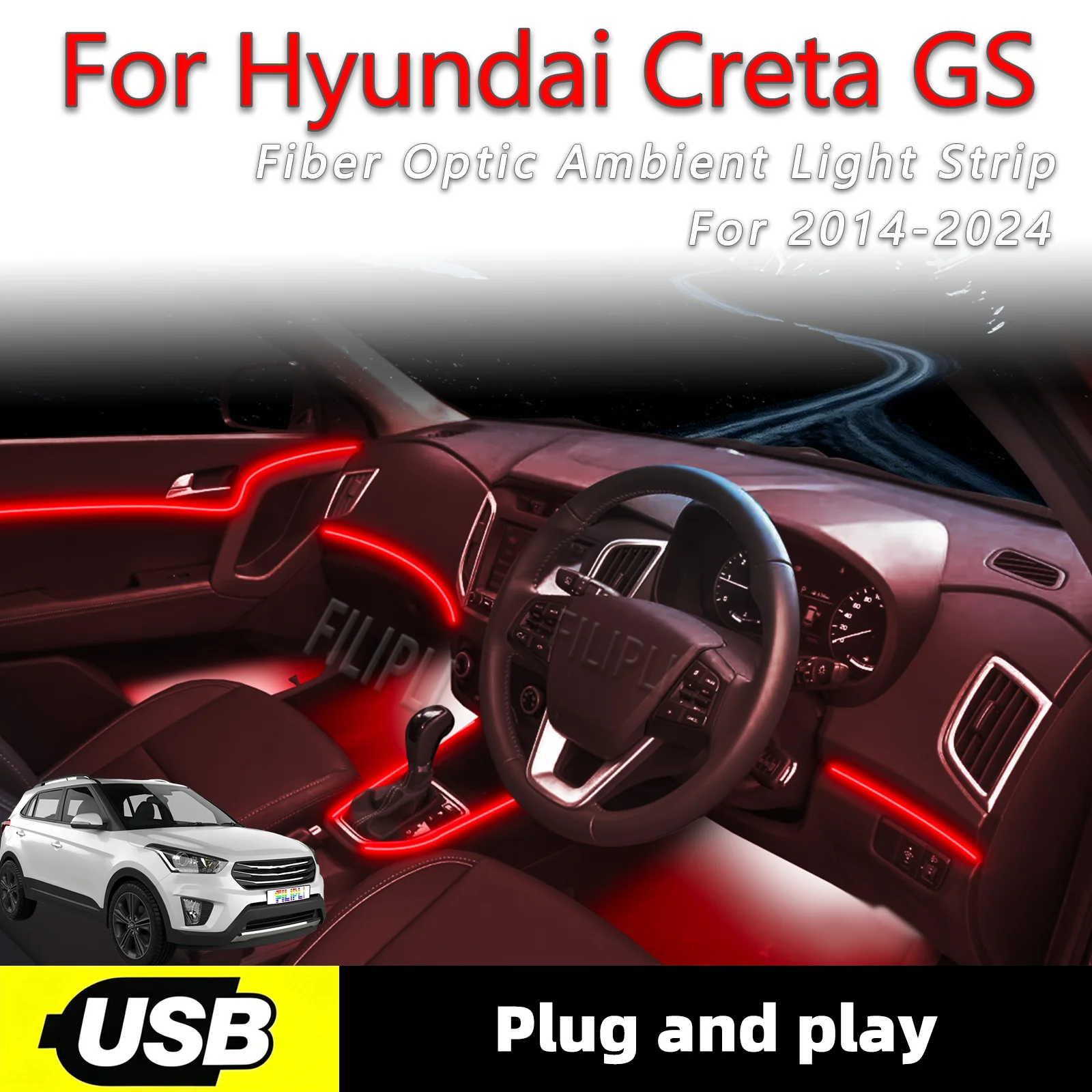 

Для Hyundai Creta GS 2014-2024: Светодиодная лента для внутренней подсветки салона, USB-интерфейс, оптоволоконная, Plug and Play