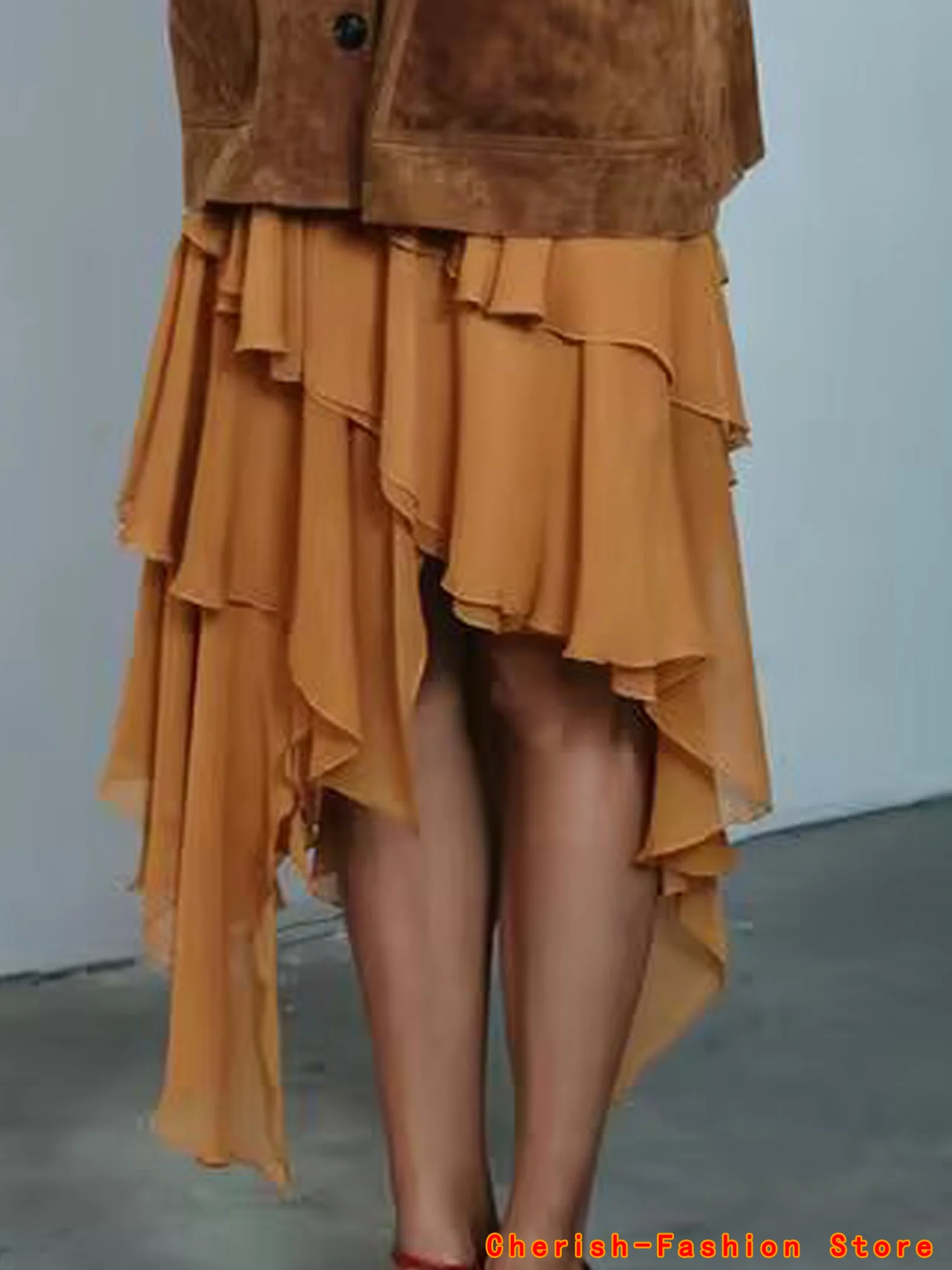 

European and American style summer new fashion women's clothing mid-waist design layered decorative midi skirt Irregular Ruffles