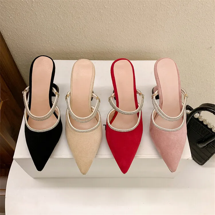 Velvet Shoes Women High Heels Pointed Toe Roman Style 2025 Navy Blue Pumps Spring Spikes Low Beige Crystal Summer Latest Rhinest