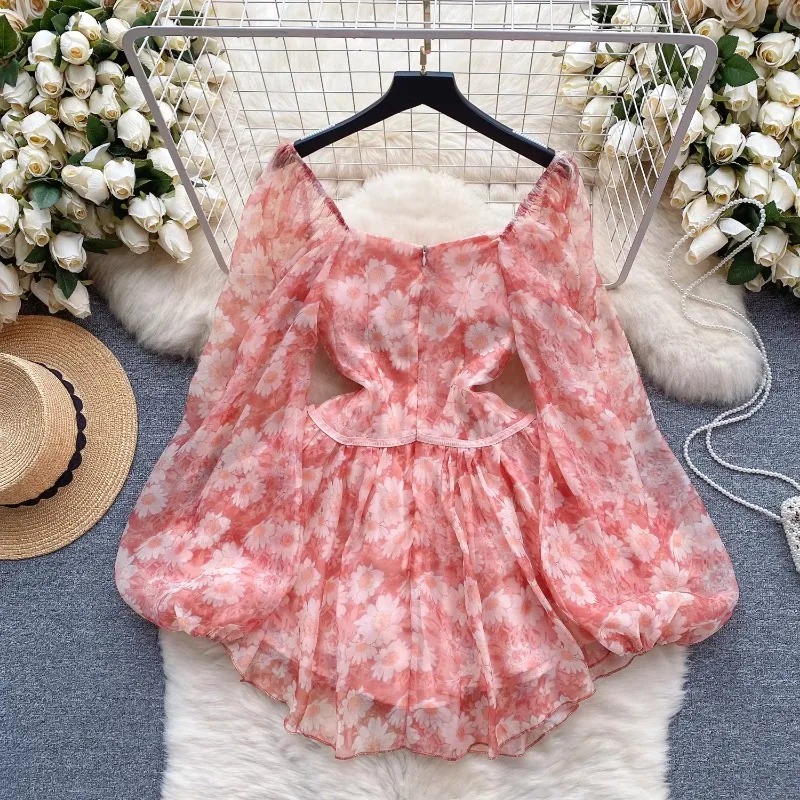 Elegant Long Puff Sleeve Vintage Square Collar Chic Sweet Daisy Print Slim A-line Dress High Street Spring Autumn Women Clothing