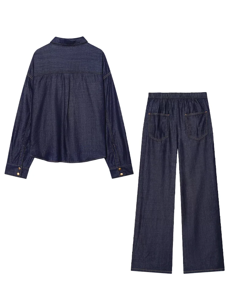 HH 2026 Nouvelle Mode Femme Ensemble 2 Pièces : Chemise en Jean à Manches Longues, Simple Boutonnage et Poches + Pantalon Long Décontracté Taille Haute Ample