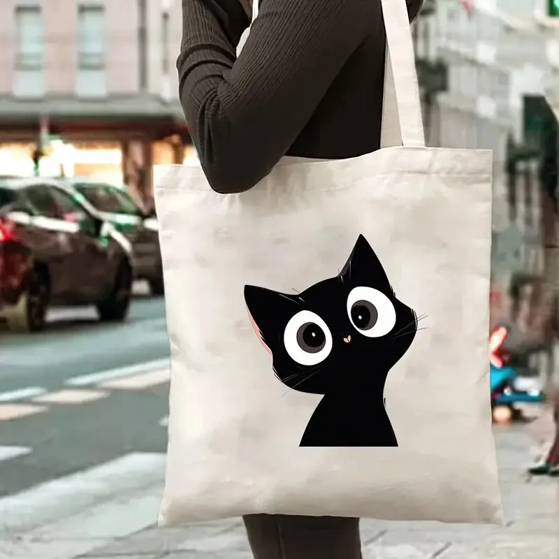 

Cartoon Cat Print Shoulder Bags Cute Minimalist Women Tote Bag Reusable Eco-friendly Canvas Bag for Daily School Work Travel