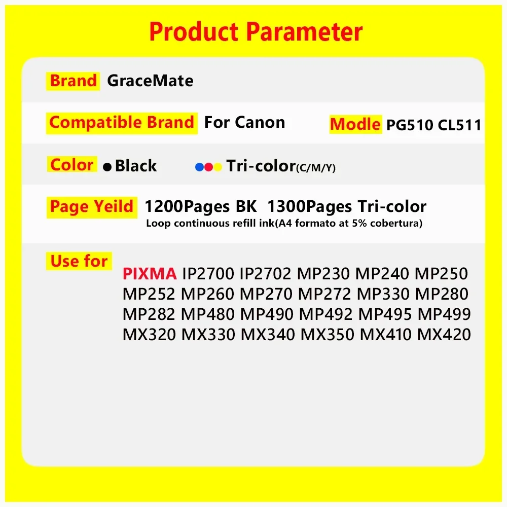 Refillable Ink Cartridge Replacement for Canon PG510 CL511 PG 510 MP230/MP240/MP250/MP260/MP270/MP280/MP282/MP480/MP490/MP495