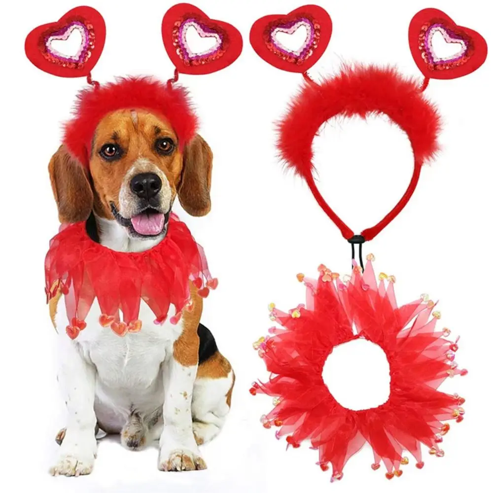 2pcs Dogs Accessories Red Pet Valentine's Day Decoration Set Cute Adjustable Pet Scarf Heart-shaped Trendy Pet Headband Gift