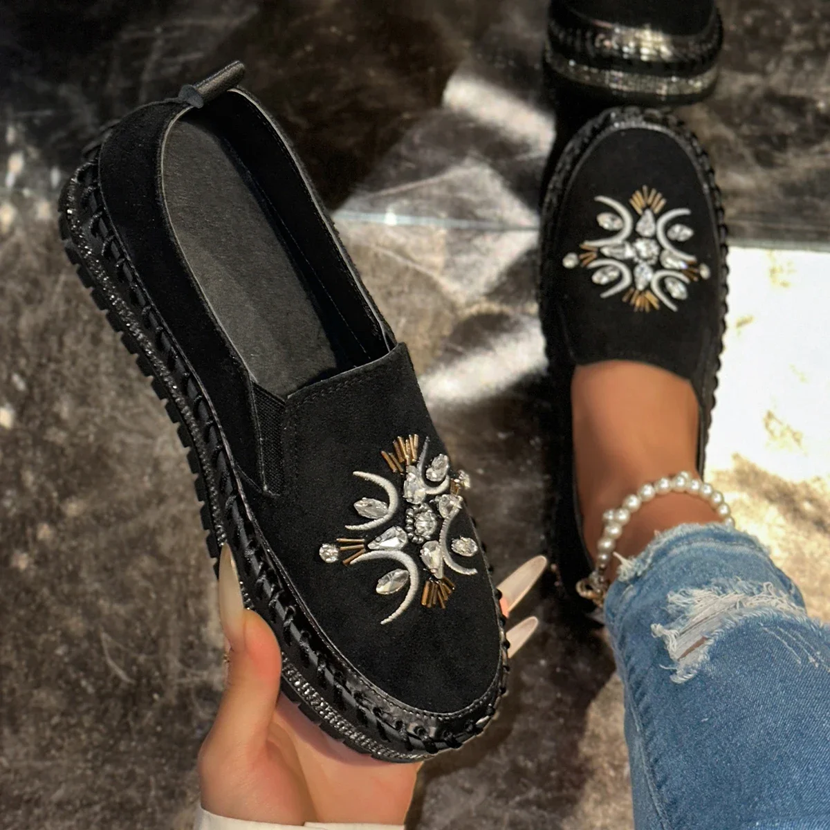 

Women Sneakers Slip-On Diamond Sneakers Women Low-Top Fashionable Casual Shoes Ladies Spring Autumn Cross-Border Rubber Shoes