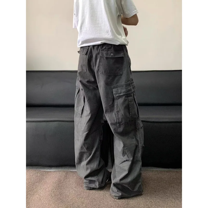 

American retro multi-pocket washed overalls for women street distressed drawstring pleated paratrooper pants loose pants