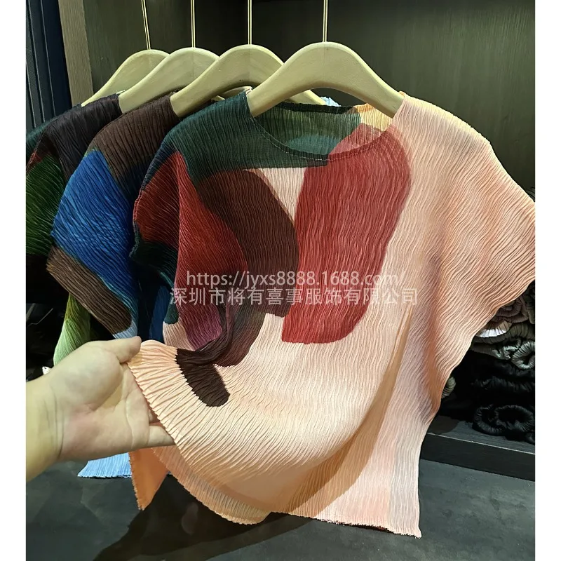 Miyake Pleated T-shirt High-end Pleated Tops 2025 Summer New Plus Size High Stretch Slim Draped Print T-Shirt Women Clothing