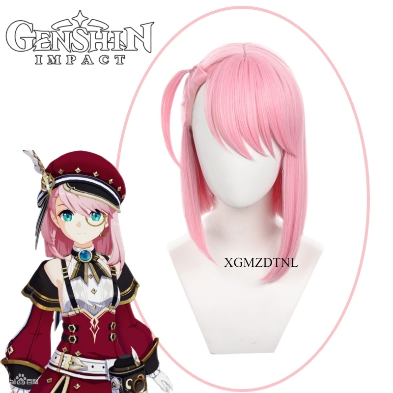 Genshin Impact-Peluca de Cosplay Charlotte, pelo corto de cola de caballo rosa de 33cm, resistente al calor, accesorios de fiesta de Anime, gorra de peluca gratis