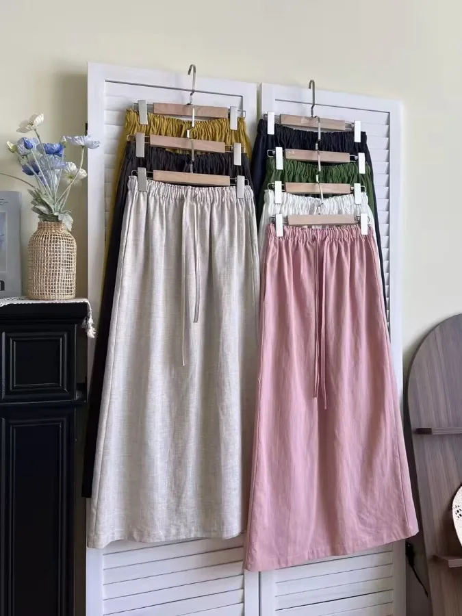 

Minimalist Loose Feel Color Half Skirt Women's Summer New Loose Versatile Elastic Waist Drawstring Slim Straight Skirt