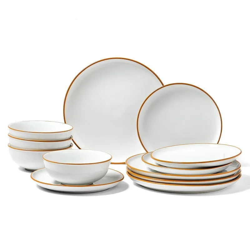 

12 PCS Dinnerware Set Ceramic Plates And Bowls Service For 4 White Lead Free Microwave Dishwasher Safe Stackable