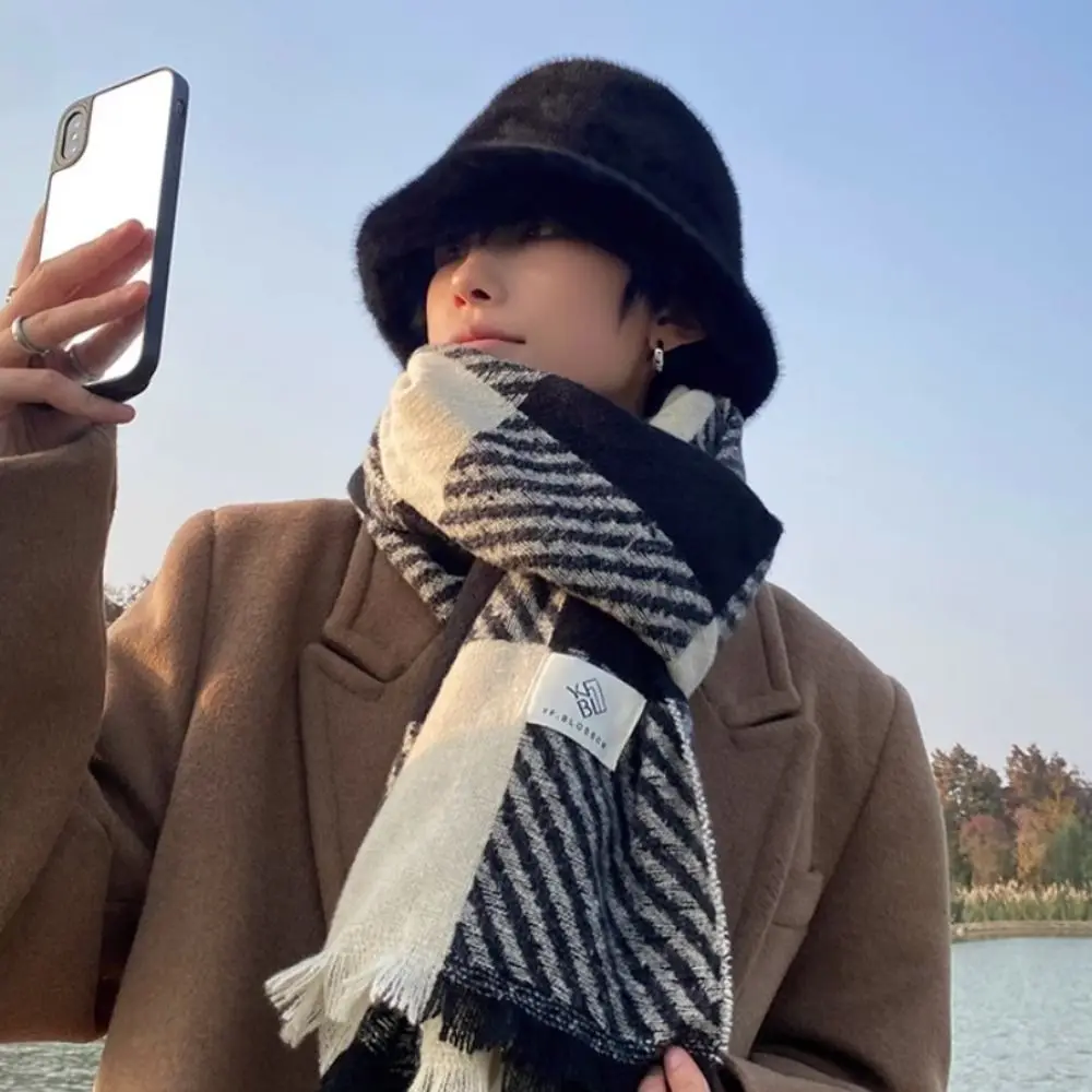 High Quality Korean Striped Plaid Scarf Thicken Long Winter Men's Scarf Warm Casual Checkered Scarf Males
