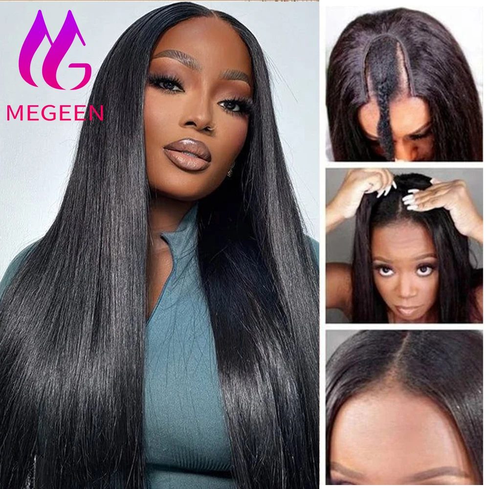 

Megeen No Glue U Part Wigs Straight Human Hair Machine Wigs No Sew In Virgin Hair For Women Natural Black No Leave Out 18-30Inch