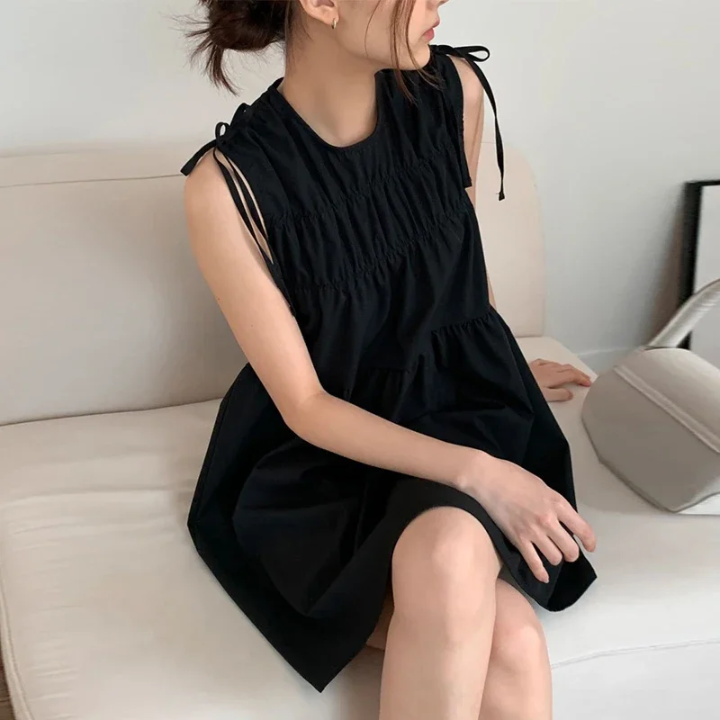 Dresses Women Chic Bow Bandage  Sleeveless Summer New Vintage Solid Ruched Female Dress Sweet Elegant Casual Black Y2k