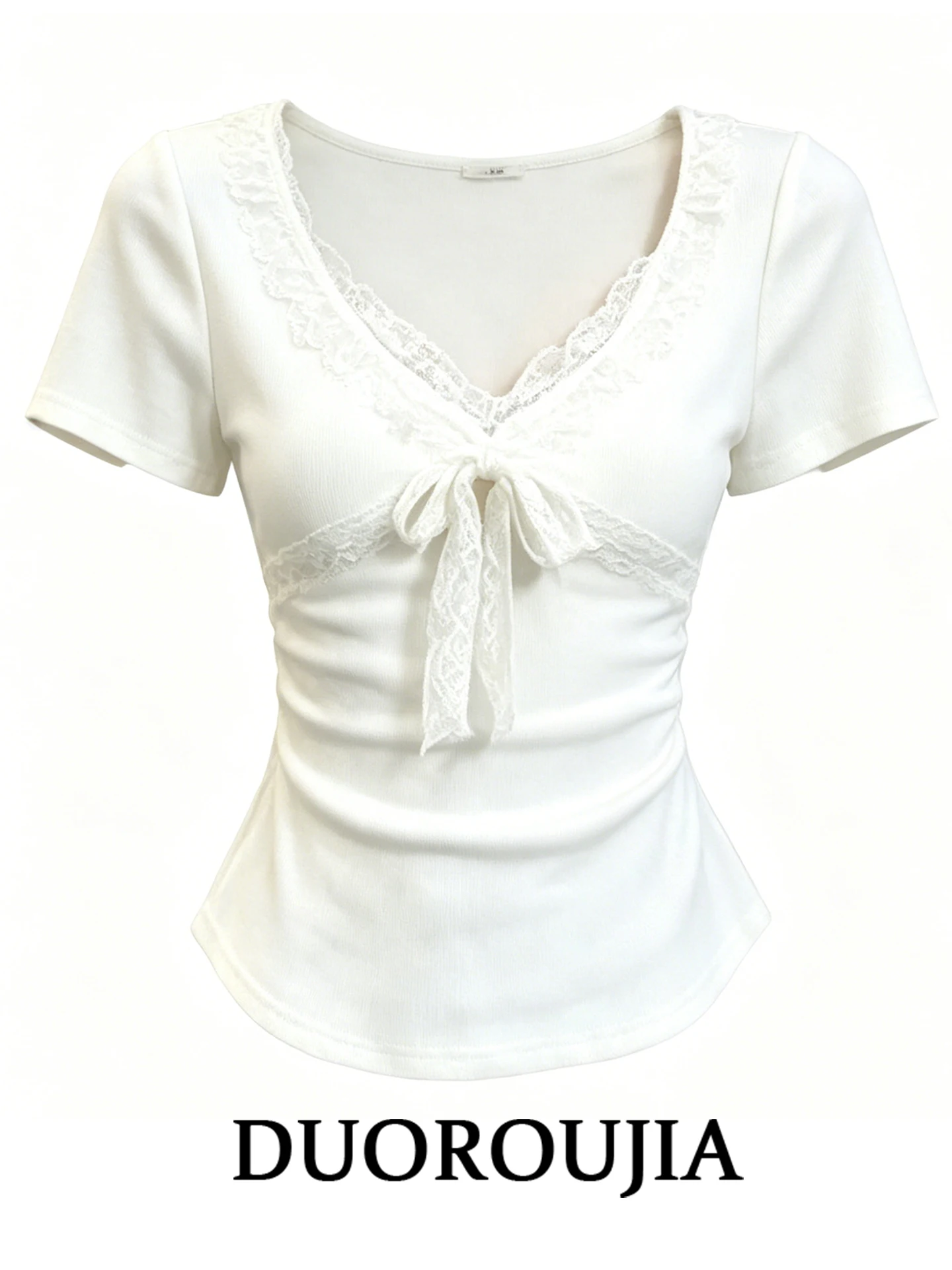 

Slimming Design Short Sleeve T-Shirt Women's Korean Style Patchwork Lace Knot Top Breathable Skin-Friendly Summer F...