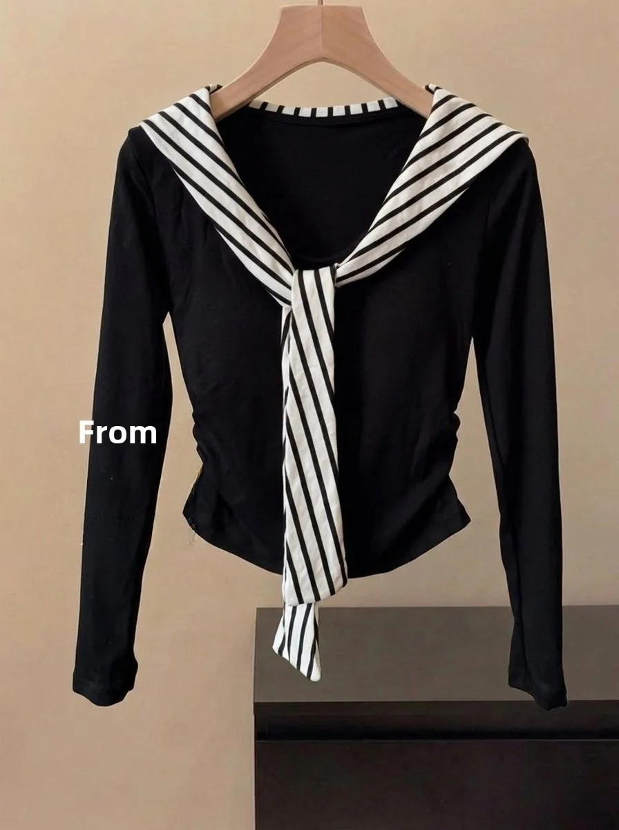 Retro Striped Shoulder Wrap V-Neck Long Sleeve Women's T-Shirt Slim Fit Waist-Cinching Autumn New Style Navy Style Top